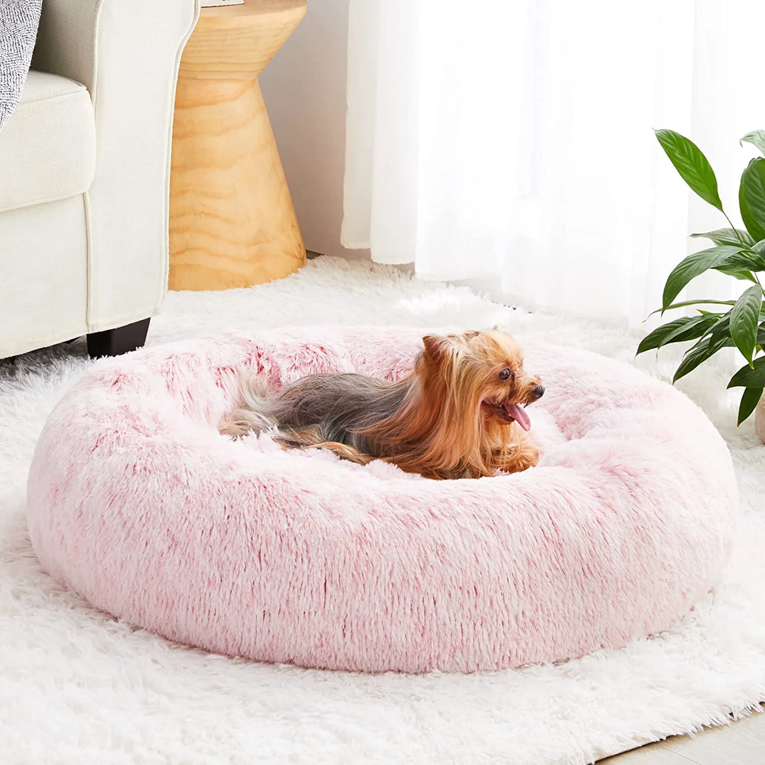 Green WNPETHOME Calming Donut Pet Bed - Self-Warming Faux Fur 30x30x10 in Light Pink High-Grade