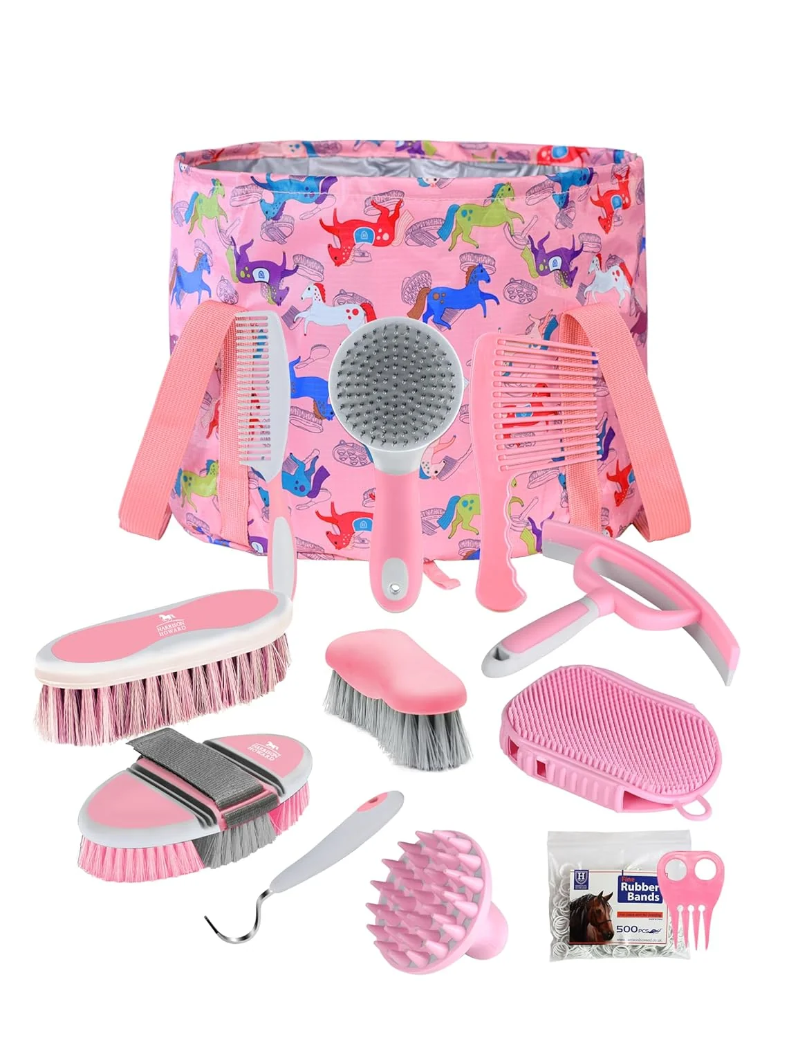 Easy-to-Use Harrison Howard Horse Grooming Kit 11-Piece Equine Care Series Horse Brush Sets with Organizer Tote Bag Tack Room Supplies Shedding Grooming Massaging Tools Pink Brushstroke Ponies Solid