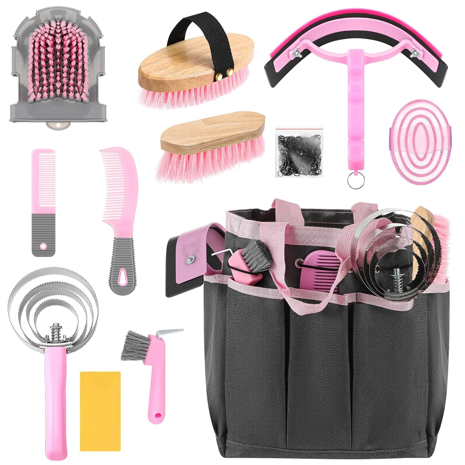 Pure Abbylike 12 Pieces Horse Grooming Kit with Organizer Tote Bag Tack Room Supplies Horse Brush Sets Equine Care Cleaning Kit Shedding Grooming Massaging Tools Pink and Grey Fashionable