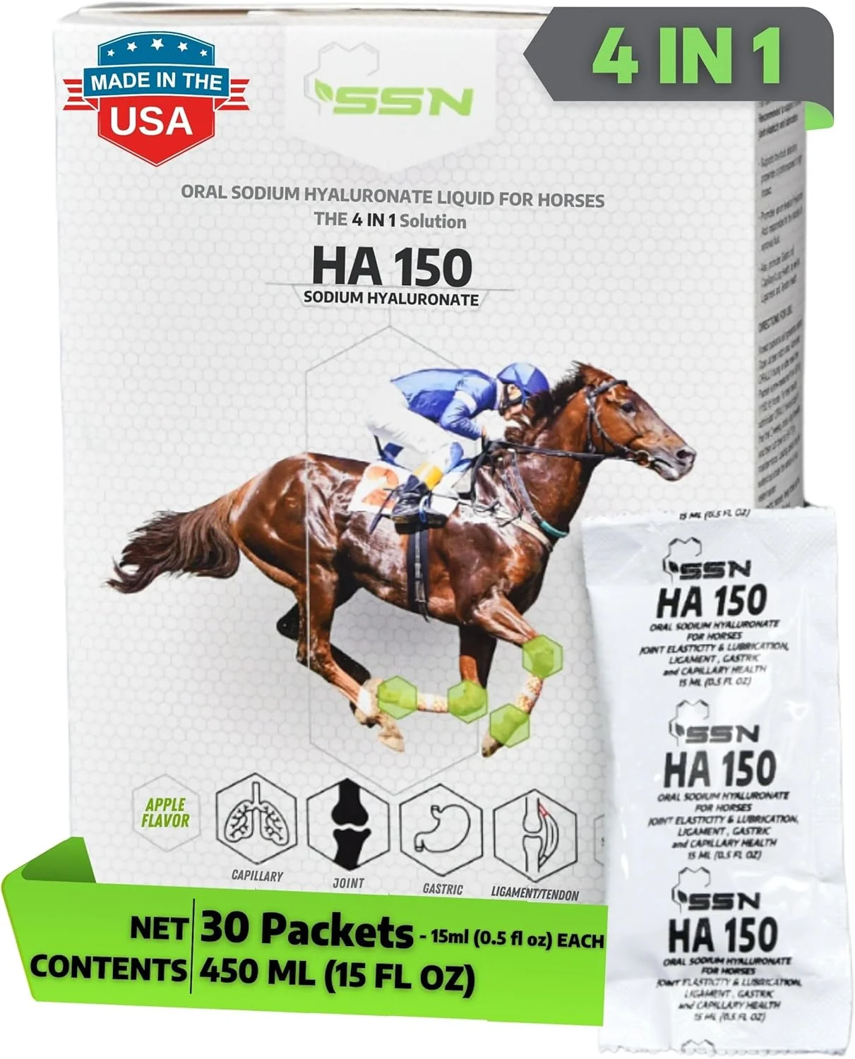 Premium Material SSN HA 150 - 4 In 1 Horse Supplement - 30 Servings - Equine Joint Gastric Ligament Tendon Lung Capillary Health - Glucosamine - 30 Pack 150mg Sodium Hyaluronate per Serving Innovative