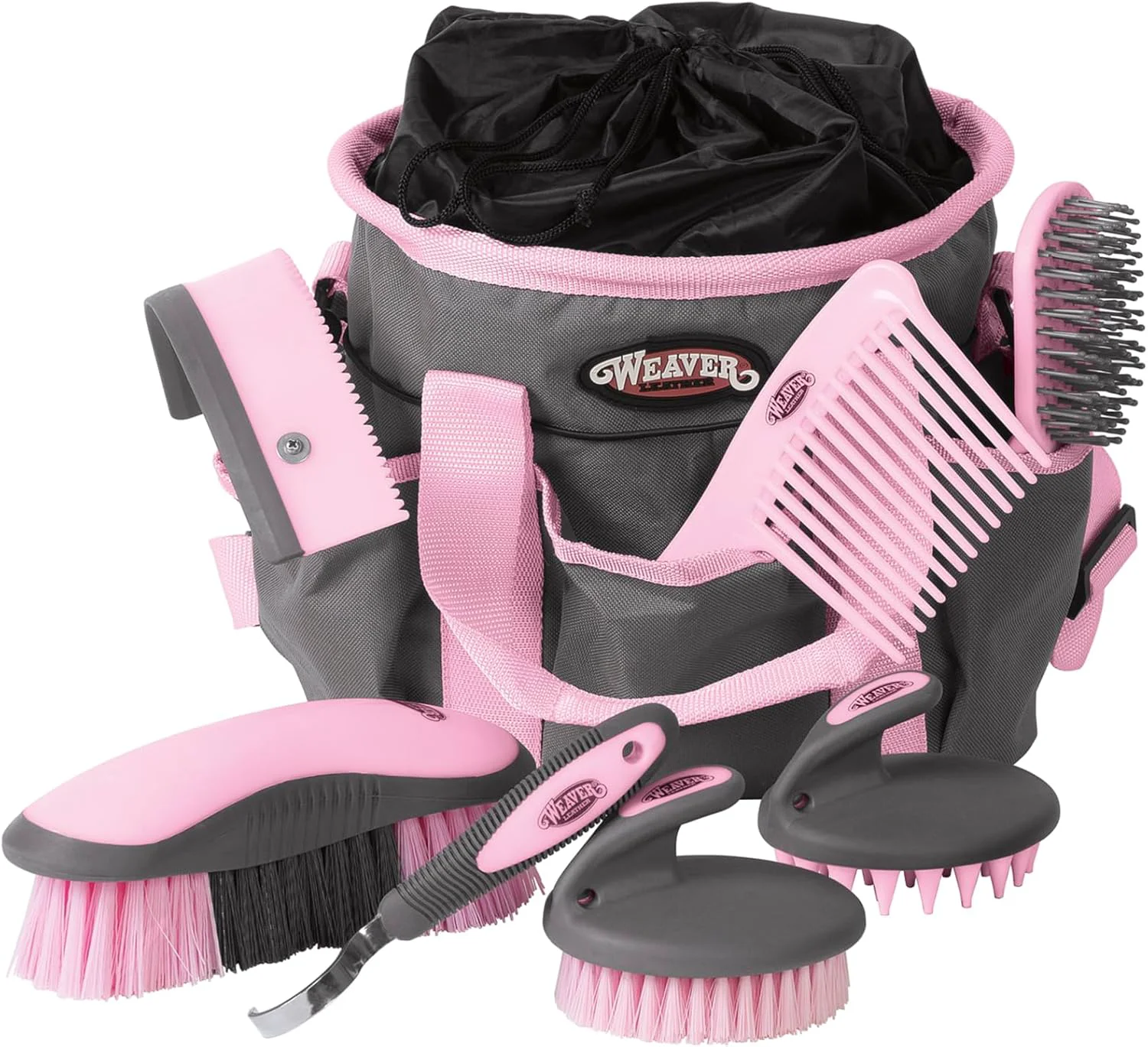 Natural Weaver Leather Horse Grooming Kit 7-piece Horse Brush Set with Organizer Tote Bag Equine Care Horse Tack Room Equipment Grooming Horse Supplies Gray Pink Next-Generation
