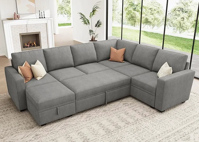 Sustainable HONBAY Modular Sectional Sleeper Sofa with Pull Out Bed Chenille Sectional Couch with Storage Seats Ottoman U Shaped Couches for Living Room Warm GreyAbout ThisOverview Stylish
