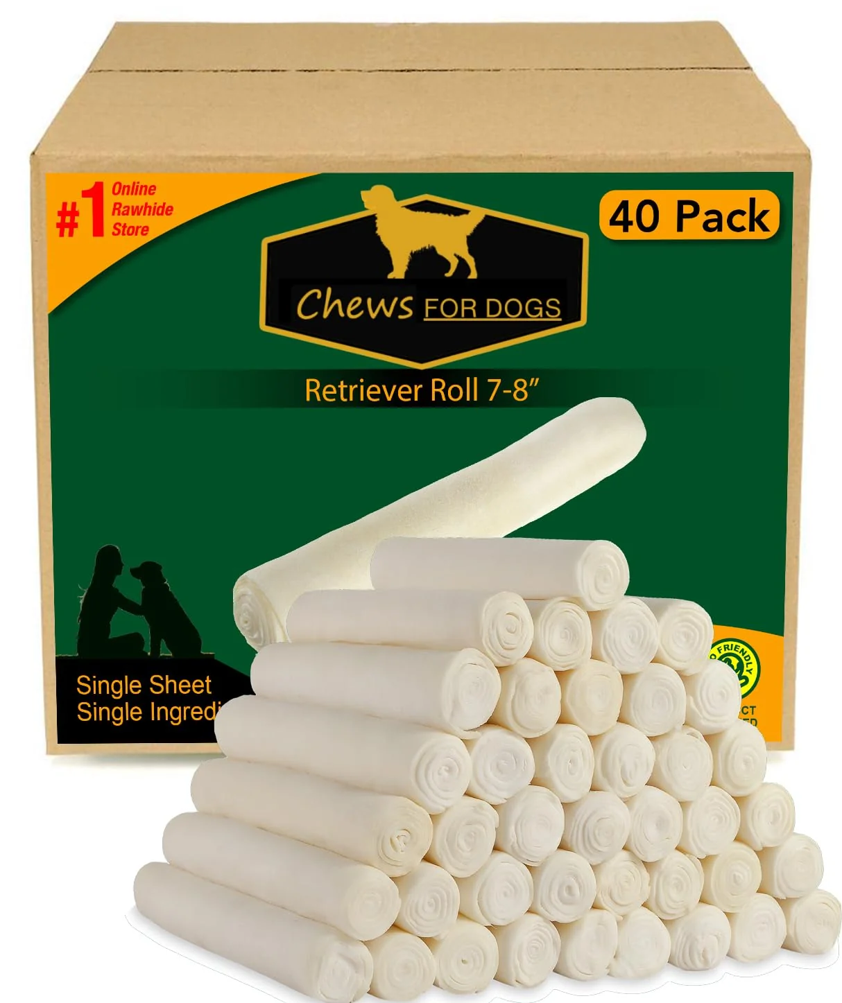 Professional GOLDEN Chews Retriever Roll 7-8 Inches Extra Thick — 40-Pack Natural Dog Dental Chews Flexible
