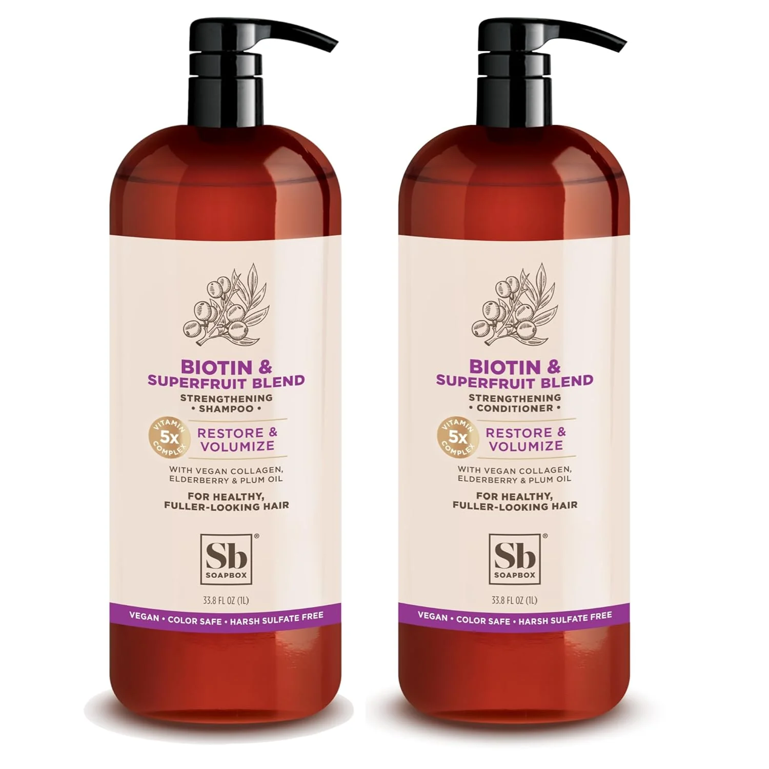 Elegant Soapbox Biotin Superfruit Shampoo Conditioner Set with Vegan Collagen Aloe and Shea Butter Harsh Sulfate Paraben Silicone 1 Liter Each Pack of 2 Expertly Made