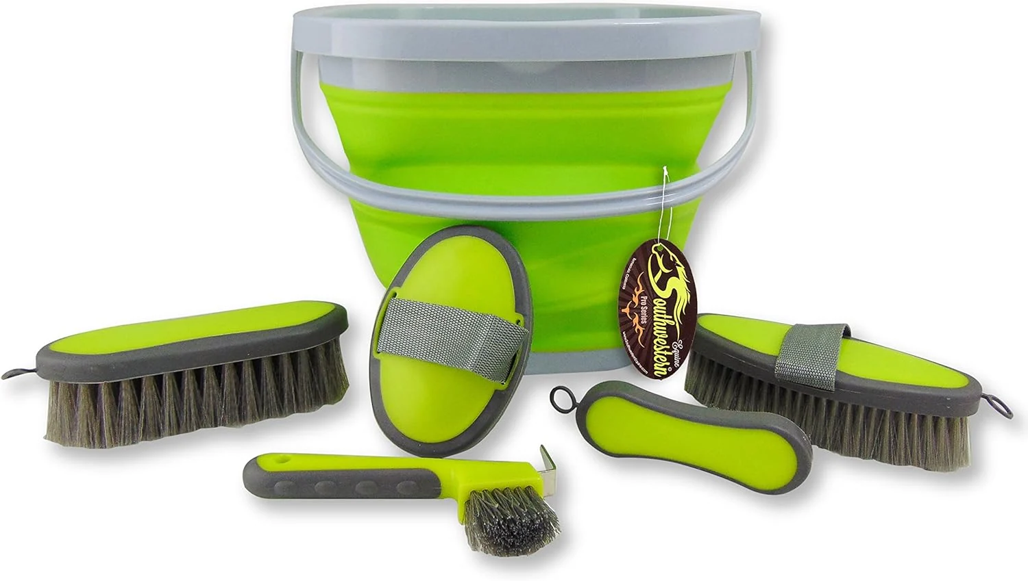 Natural Collapsible Grooming Kit 10 Liter Bucket and 5 Grooming Tools - By Southwestern Equine Lime Green Crafted