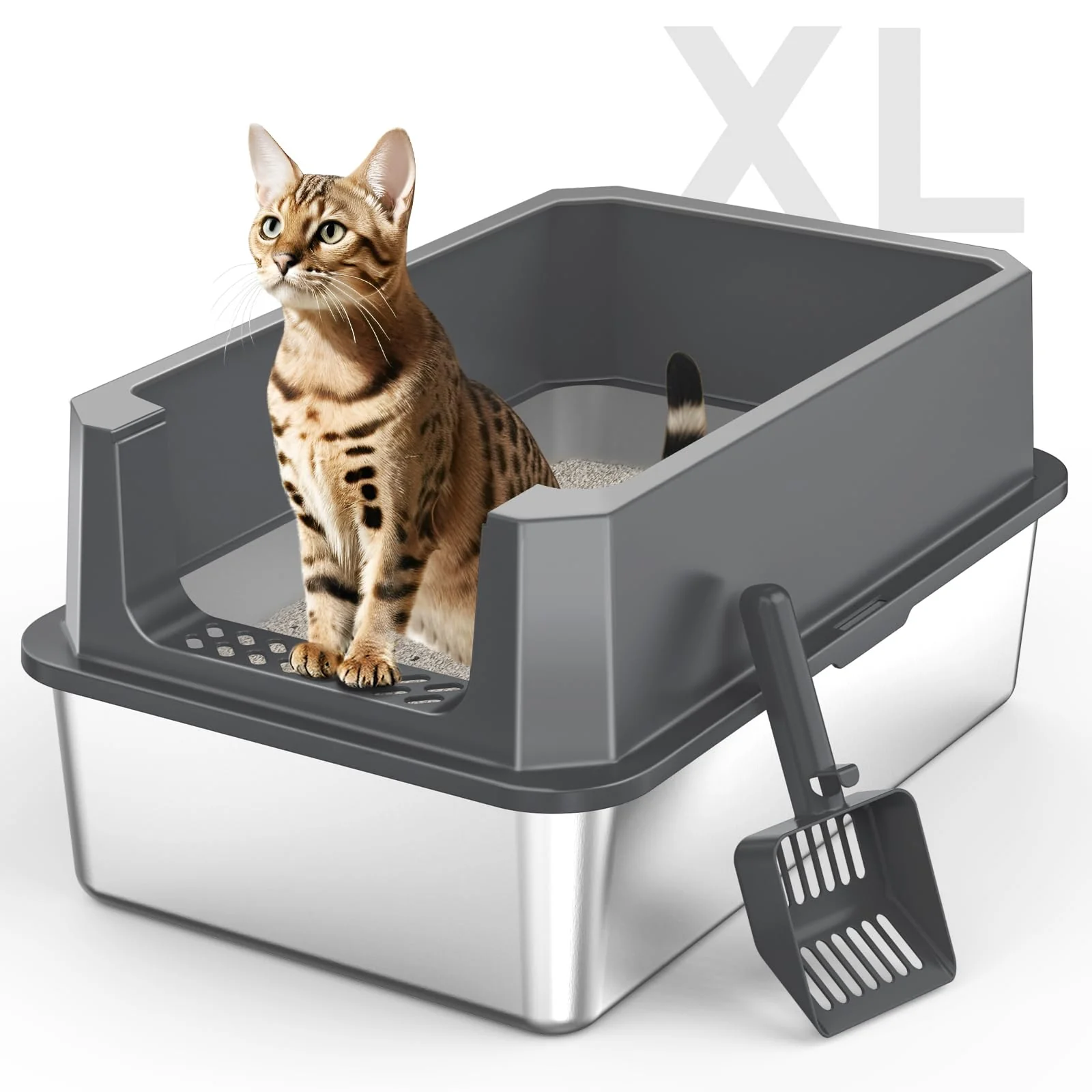 Breathable MIXJOY Stainless Steel XL Litter Box for Large Cats – High Sides Leak-Resistant Easy to Clean Convenient