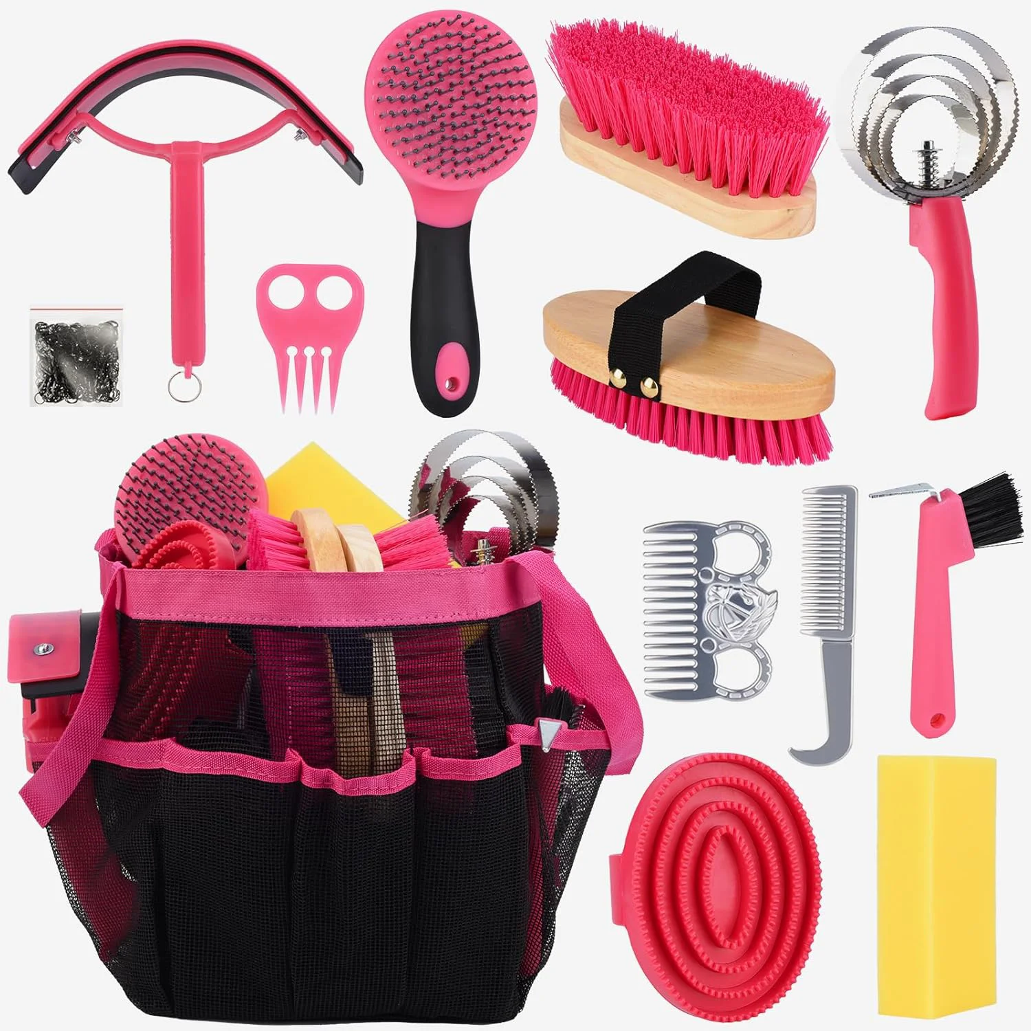 Trendy Horse Grooming Kit 13 Piece Horse Brushes for Grooming Supplies with Tote Bag Horses Tack Brush Set for Effective Grooming and Cleaning Gift for Horse Riders Beginners Pink Easy-to-Use