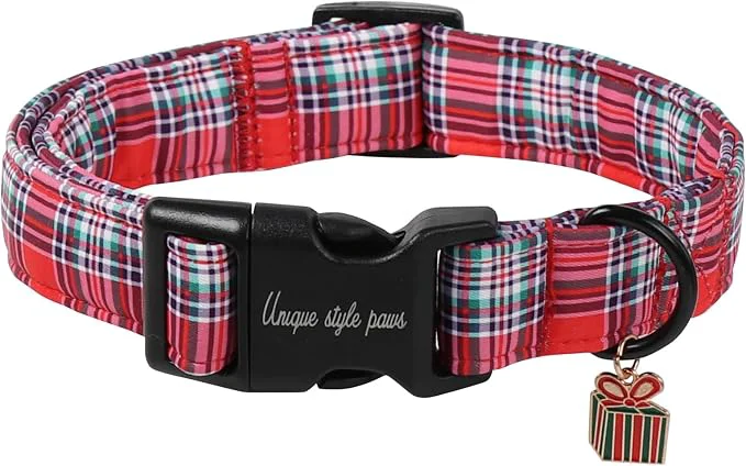 Clean Christmas Dog Collar Unique Style Paws Red Green Grids Dog Collar Excellent