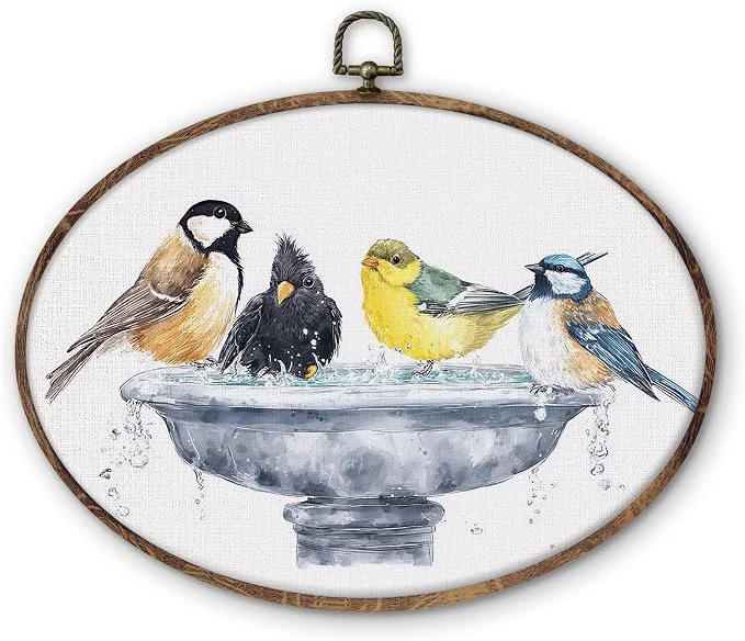 Detailed DILSJ Bird Oval Wall Art Decor Country Bird Bath Canvas Wall Art Framed Genuine