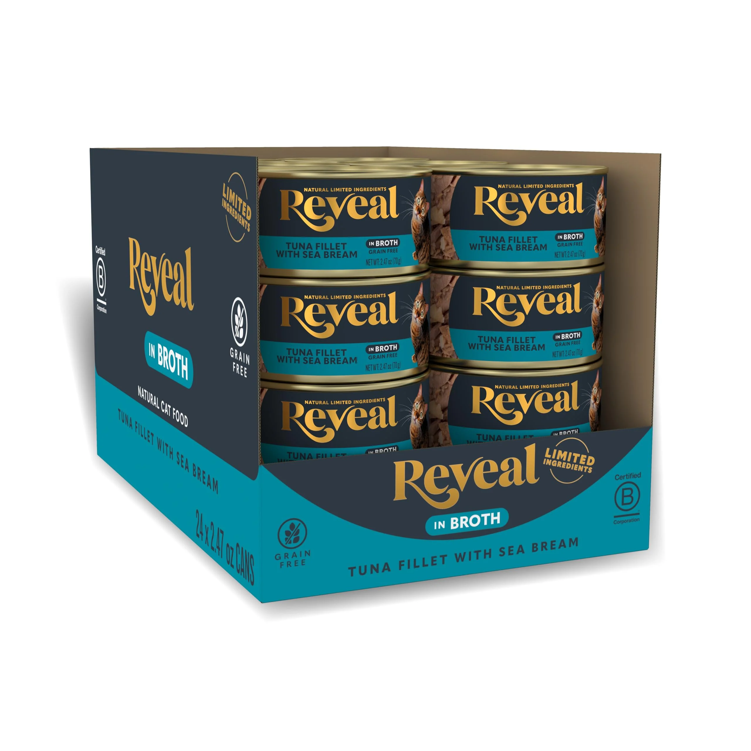 Elite Reveal Natural Wet Cat Food - 24-Count Grain- Limited Ingredient Tuna with Sea Bream in Broth World-Class