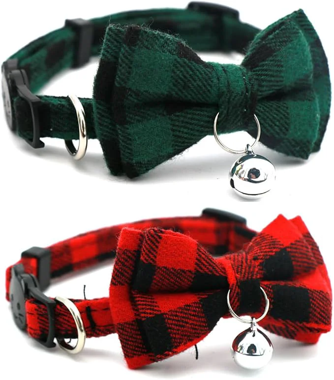 Artisan 2-Pack Plaid Cat Collar with Bell and Bow Breakaway Kitten Collar with Bell Exceptional