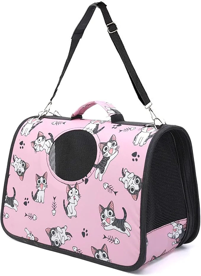 Comfortable Pet Carrier with Shoulder Strap 14 Inch x 9.4 Inch x 7 Inch Foldable Pink Soft