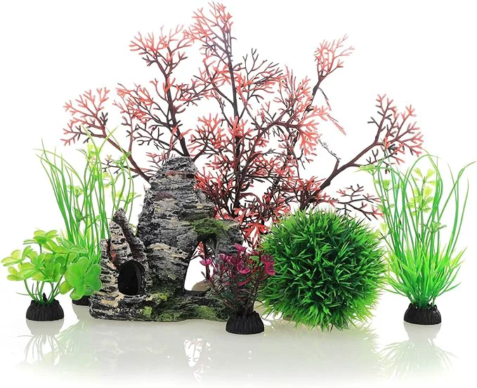 Luxury JIH Aquarium Fish Tank Plastic Plants and Cave Rock Decorations Decor Set 7 Genuine