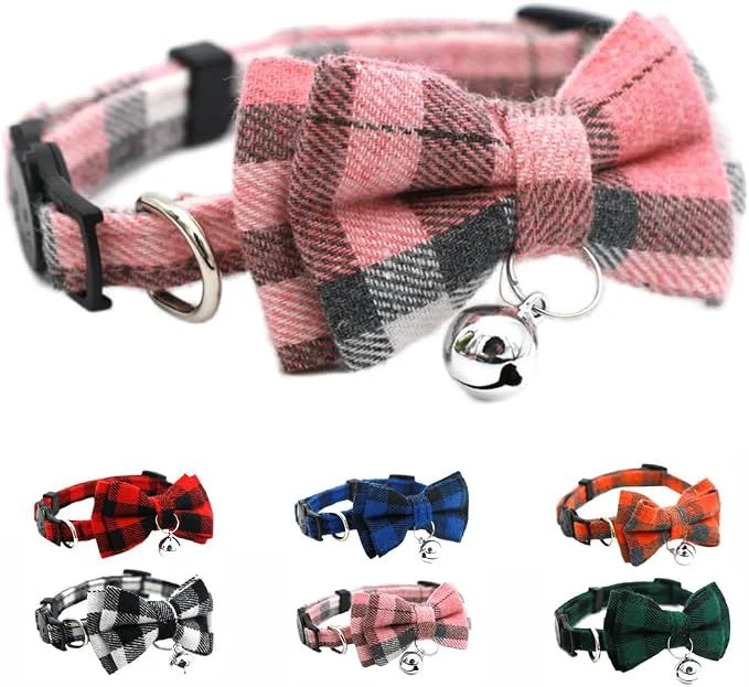 Eco-Friendly Pink Plaid Bow Kitten Collar Breathable