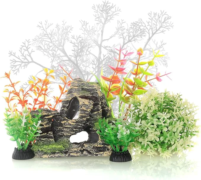 Safe JIH Aquarium Fish Tank White Plastic Plants and Cave Rock Decorations Decor Set Prestigious
