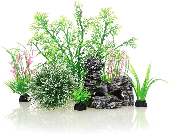Natural JIH Aquarium Fish Tank Plastic Plants and Cave Rock Decorations Decor Set 7 Professional