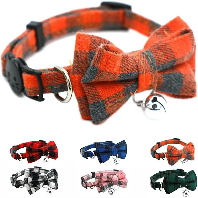 Classic Orange Plaid Bow Cat Collar Long-Lasting