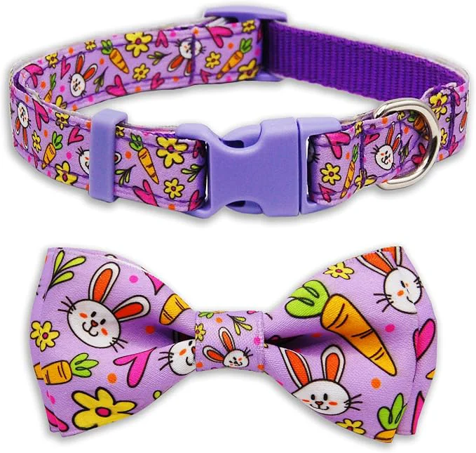 Trendy Easter Dog Collar with Bow Tie Set Adjustable Purple Bunny and Carrot Pattern Top-Quality
