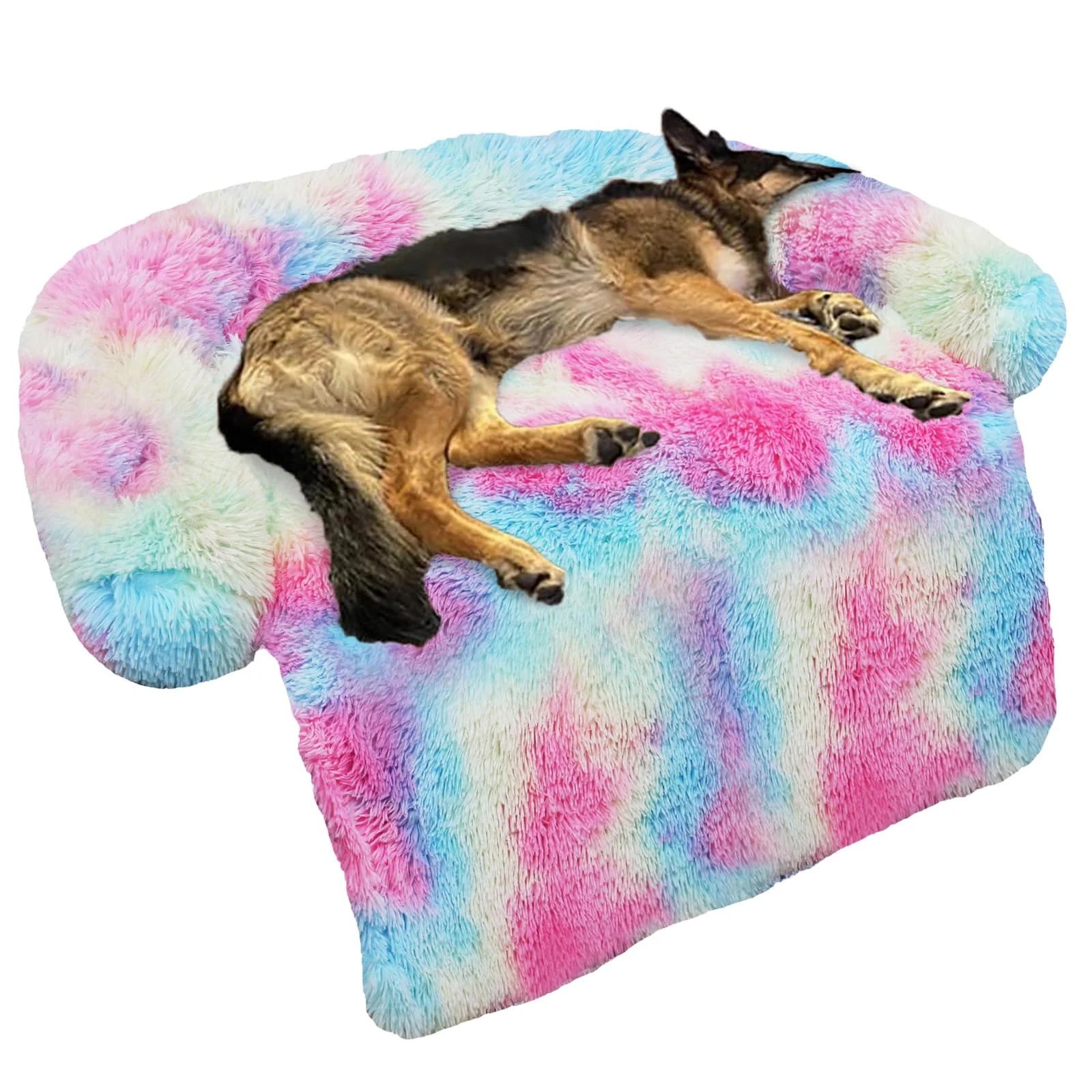 Classic GGIB Calming Dog Bed Fluffy Plush Mat – Large Rainbow Removable Washable Cover Non-slip Secure