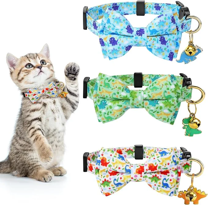 Classic 3 PCS Cat Collars with Bow Tie and Bell Cat Collars Dinosaurs Pattern User-Friendly