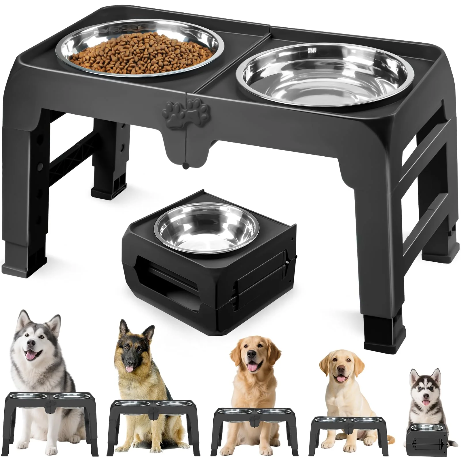Artisan COMESOON d Dog Bowl Stand for Large Dogs – 2x 10 Stainless Bowls 5 Height Adjustments Foldable Non-Slip Relaxed
