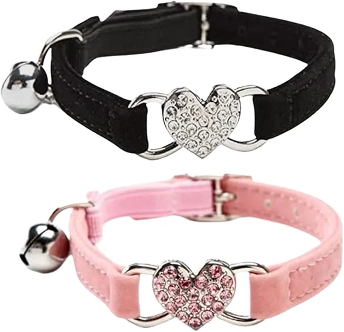 Smooth Heart Bling Cat Collar with Safety Belt and Bell Adjustable 8-10 inches Casual