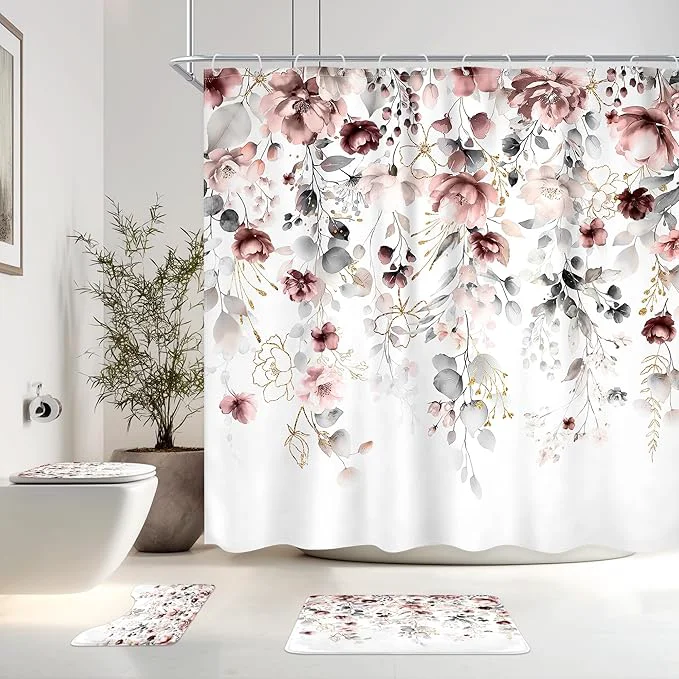 Secure 4 PCS Pink Floral Flower Shower Curtain Set 72Wx72H Inch Watercolor Pastel Elite