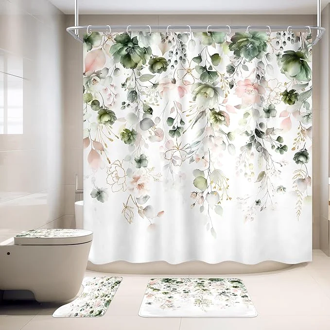 Versatile 4 PCS Green Pink Floral Flower Shower Curtain Set 72Wx72H Inch Watercolor Top-Quality