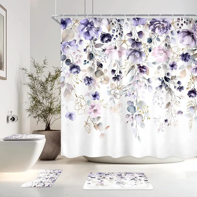 Minimalist 4 PCS Purple Floral Flower Shower Curtain Set 72Wx72H Inch Watercolor Pastel Effective