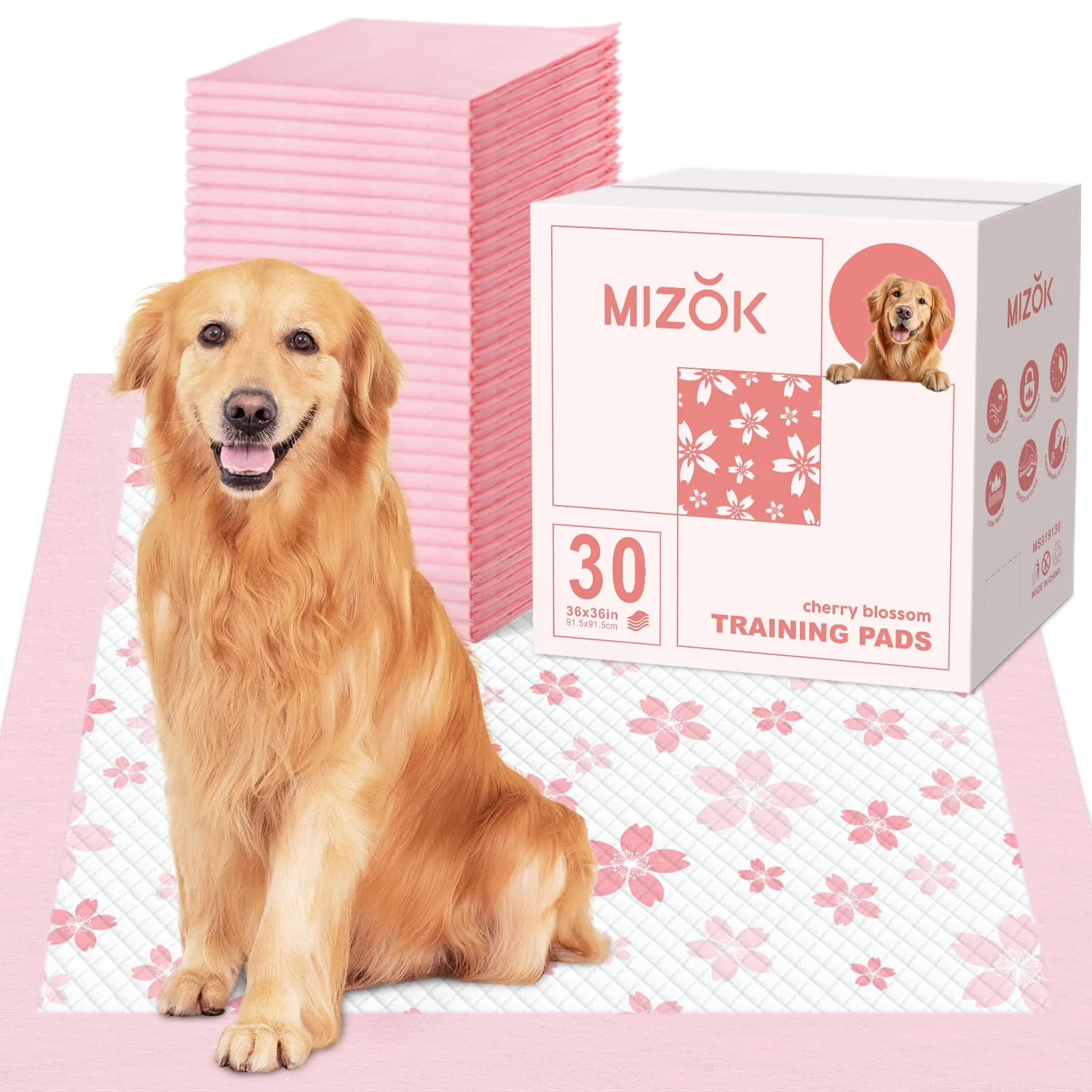 Prestigious MIZOK 36x36 Pink Puppy Pads – 6-Layer Leak-Proof Dog Pee Pads with Cherry Blossom 30 Count Practical