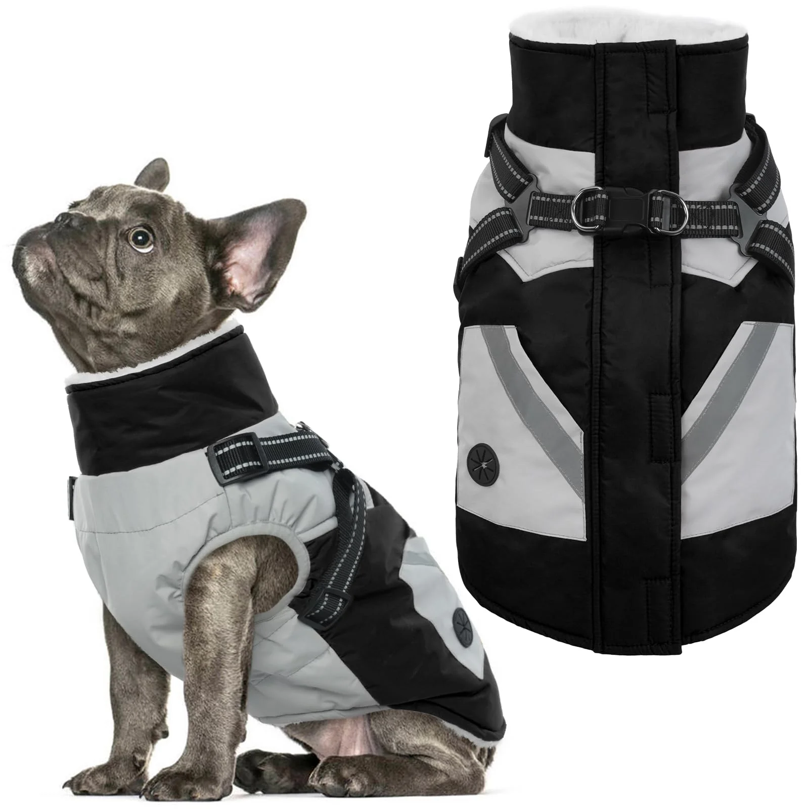 Comfortable IECOii Dog Coat with Harness Built In - Large Black Waterproof Winter Coat Fleece Snow Jacket Environmentally Friendly