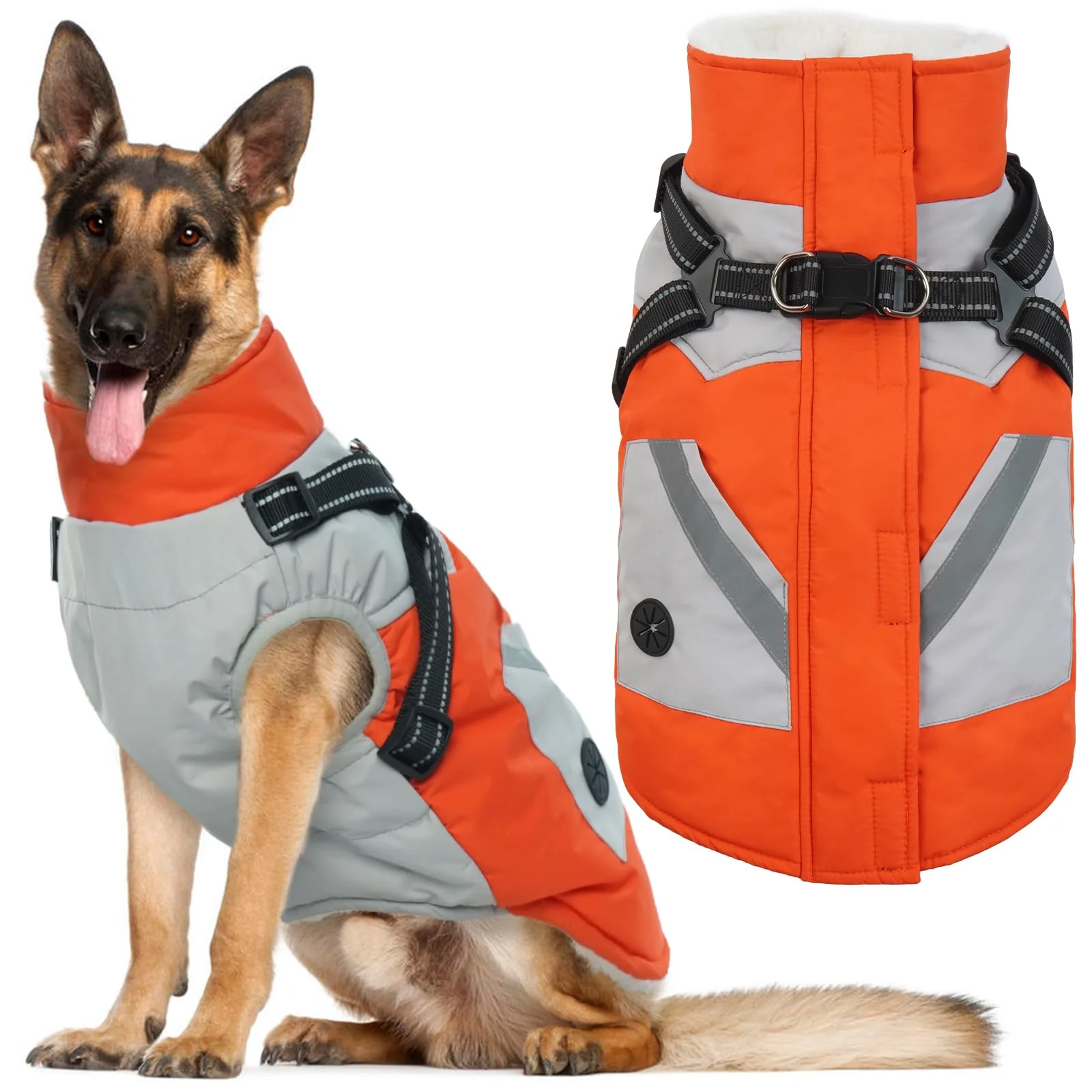 Carefully Designed IECOii X-Large Orange Dog Coat – Waterproof Winter Fleece Jacket with Harness Reflective Straps Excellent