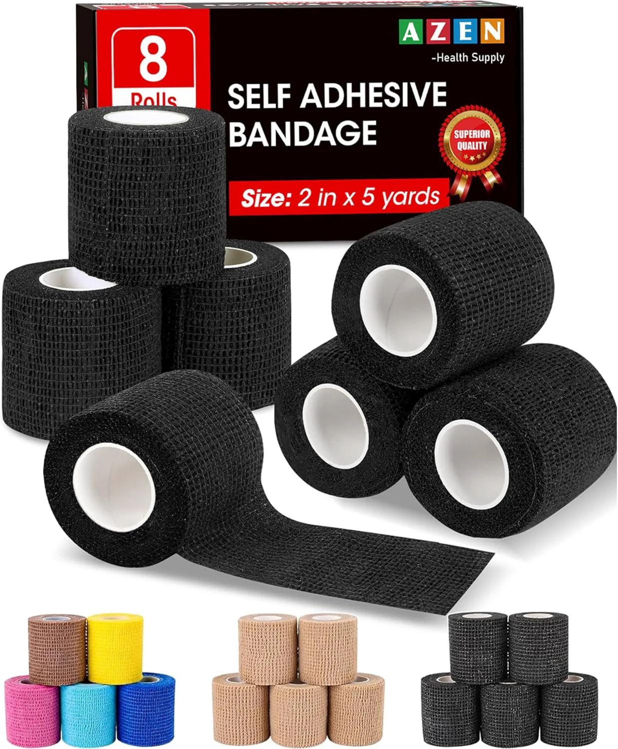User-Friendly AZEN 8 Pack Self Adhesive Bandage Wrap 2 X 5 Yards Elastic Cohesive Bandage Wrap Black Athletic Tape Vet Wrap Ankle Tape Tattoo Grip Tape Wrap Original Design
