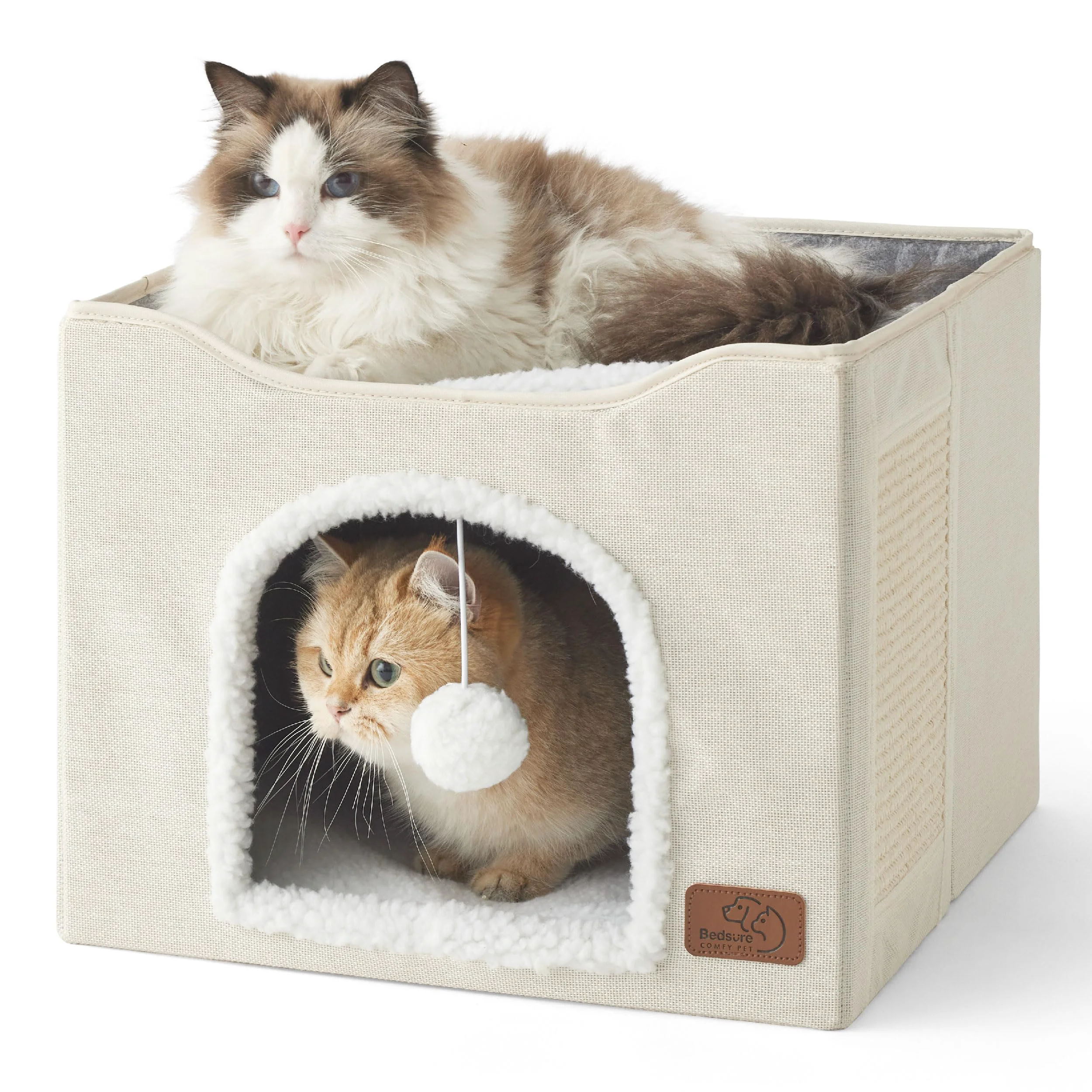 Advanced Bedsure Cat Beds for Indoor Cats – Large Ivory Cat Cave with Scratching Pad Plush Ball and Foldable Design Organic
