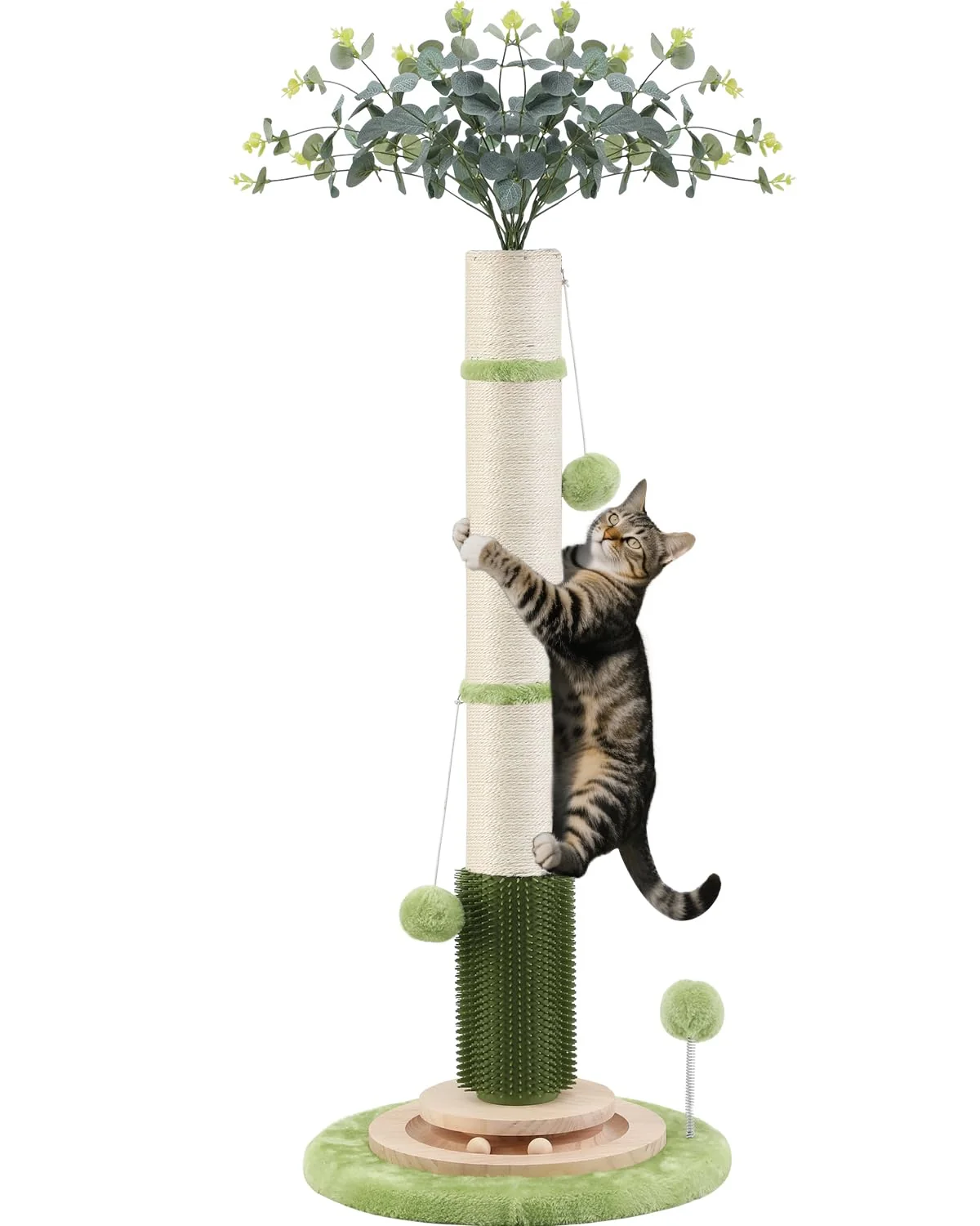 Soft COUNER 45'' Tall Cat Scratching Post – 3.5'' Diameter Sisal 4-in-1 Interactive Scratcher with Self-Groomer Elite