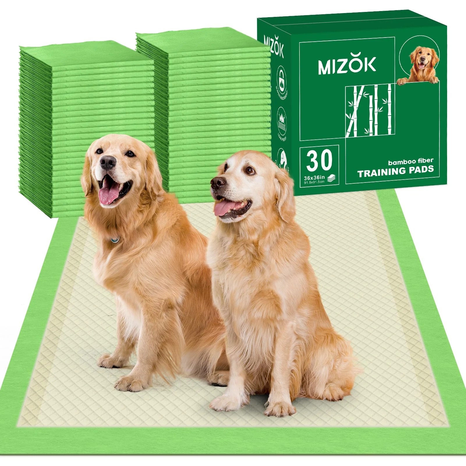 Next-Generation MIZOK 36x36in Dog Pee Pads XXL – Bamboo Odor Control 6-Layer Leak-Proof 30-Count Organic