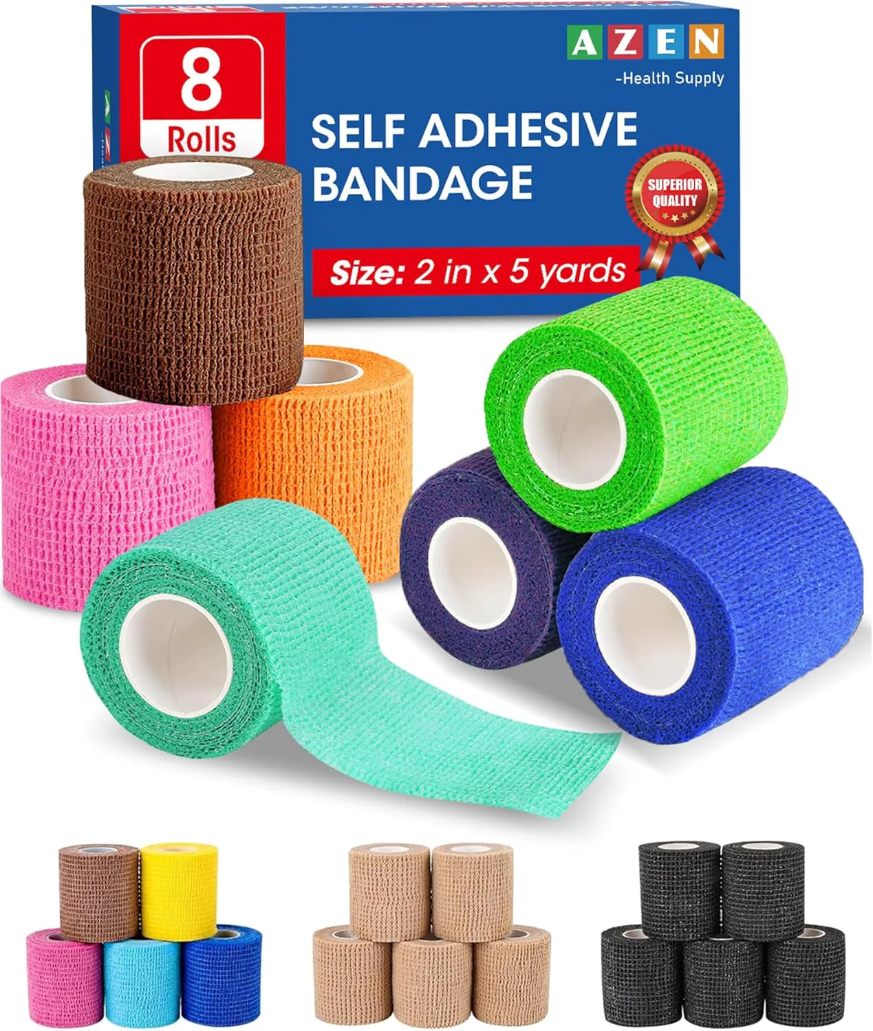 Casual AZEN 8 Pack Self Adhesive Bandage Wrap 2 X 5 Yards Elastic Cohesive Bandage Wrap Color Athletic Tape Vet Wrap Ankle Tape Tattoo Grip Tape Wrap Versatile
