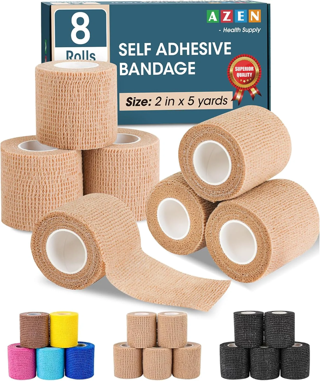 Trusted AZEN 8 Pack Self Adhesive Bandage Wrap 2 X 5 Yards Elastic Cohesive Bandage Wrap Skin Color Athletic Tape Vet Wrap Ankle Tape Tattoo Grip Tape Wrap Authentic