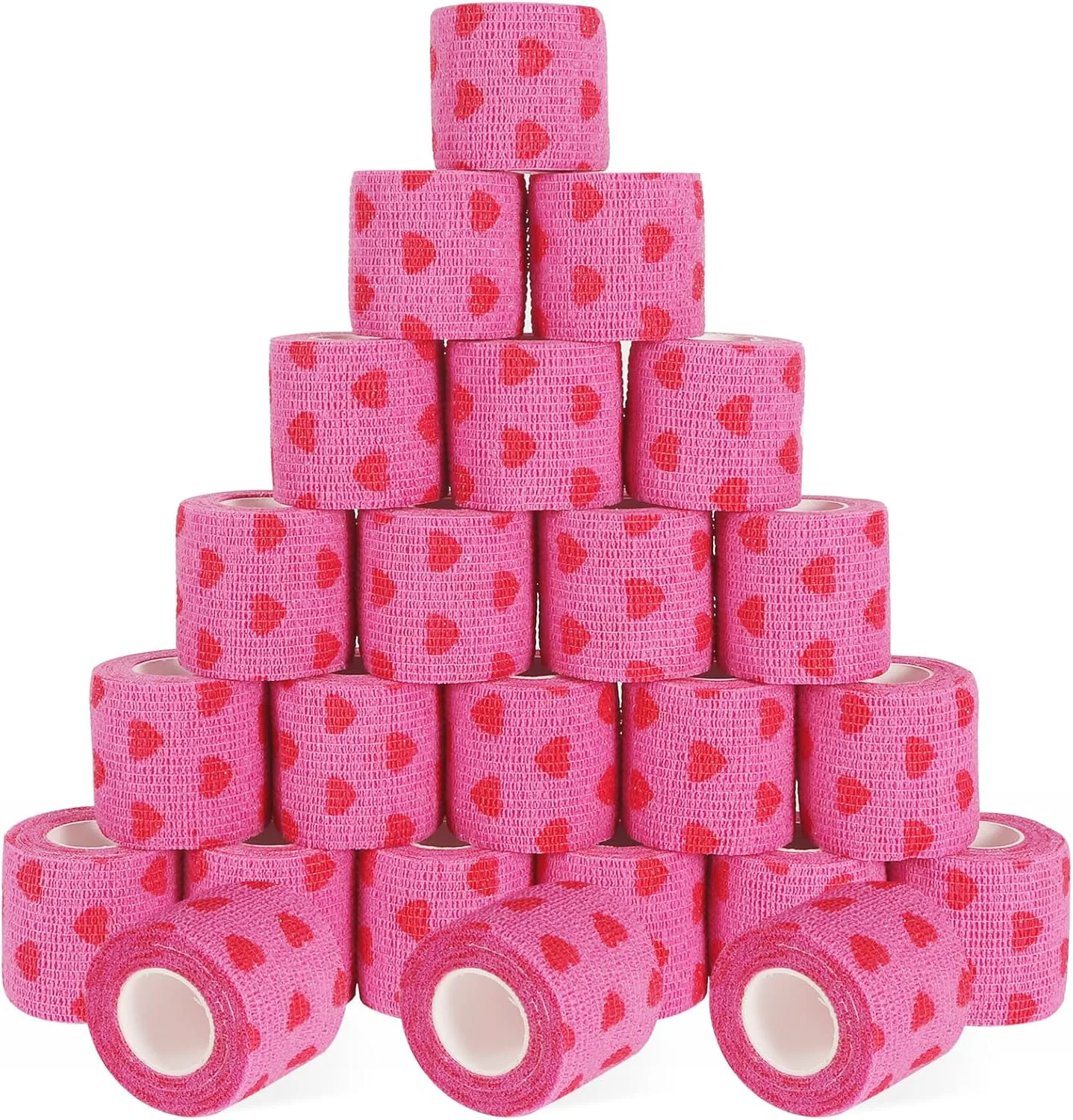 Official 24 Pack Self Adhesive Vet Wrap Medical Tape 2 Inch x 5 Yards Cohesive Bandage Wrap - Pink Heart Grip Tape for Ankle Wrist Sprains Sports Pet First Aid Convenient