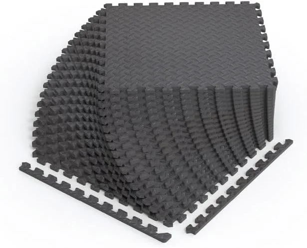 Eco-Friendly Norsk Foam Floor Gym Mats with Interlocking Tiles .47 Thick 24 x24 24-Pack 96 Square Feet Diamond Plate Design Grey High-Quality