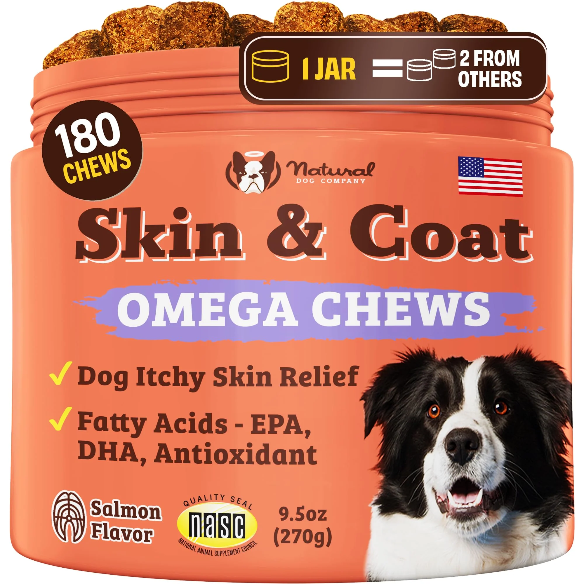 Official Natural Dog Company Skin Coat Supplement – Omega-3 Salmon Oil Biotin Vitamin E 180 Count Exclusive