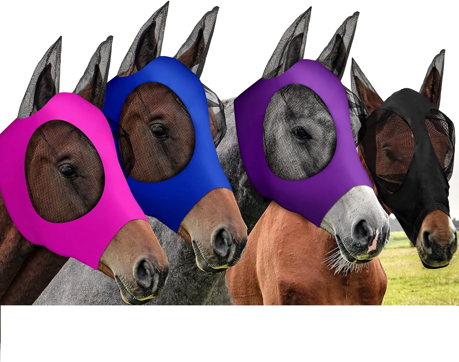 First-Class Frienda 4 Pcs Horse Fly Masks with Ears Head Fly Masks for Horses Smooth Elastic UV Protection Cover from Summer Insect Pests Medium Purple Blue Pink Black Clean