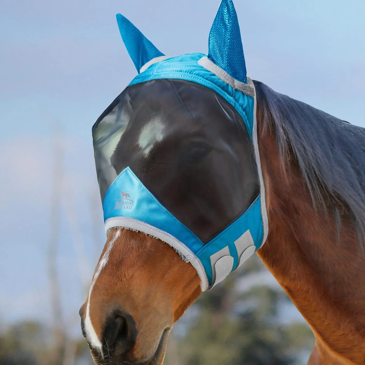 Breathable Harrison Howard CareMaster Pro Luminous Horse Fly Mask Large Eye Space Standard with Ears UV Protection for Horse Sky Blue Full Size Clean
