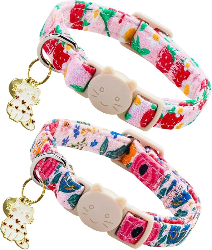 Secure Spring Cat Collar-2 Pack Collars Strawberry and Flower Print Breakaway Carefully Designed