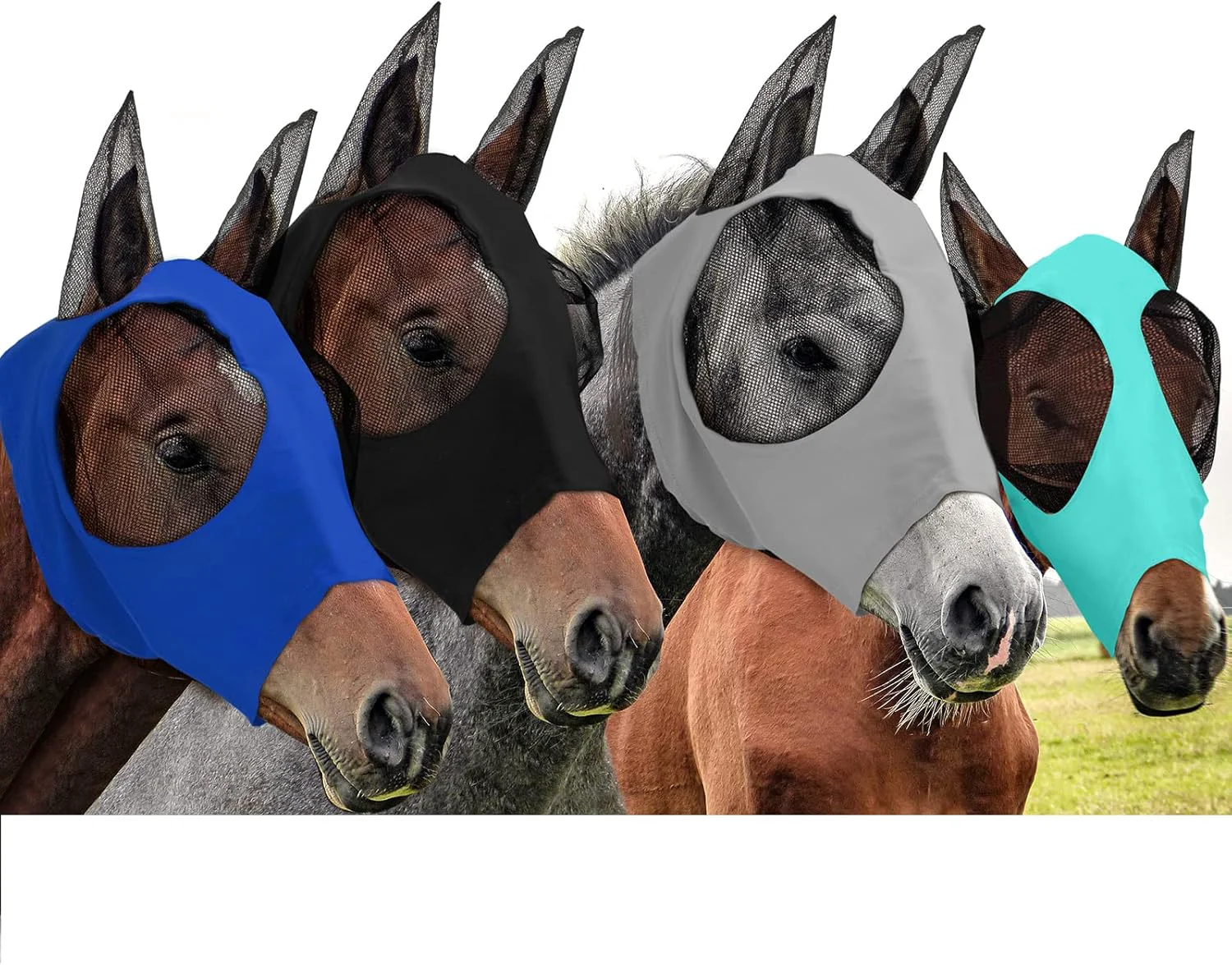 Classic Frienda 4 Pcs Horse Fly Masks with Ears Head Fly Masks for Horses Smooth Elastic UV Protection Cover from Summer Insect Pests Medium Black Gray Blue Mint Green First-Class