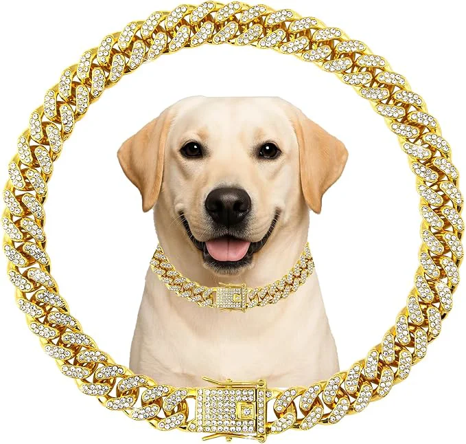 Comfortable Dog Chain Designer Gold Crystal Pet Collar Cuban Link Chain Eco-Friendly