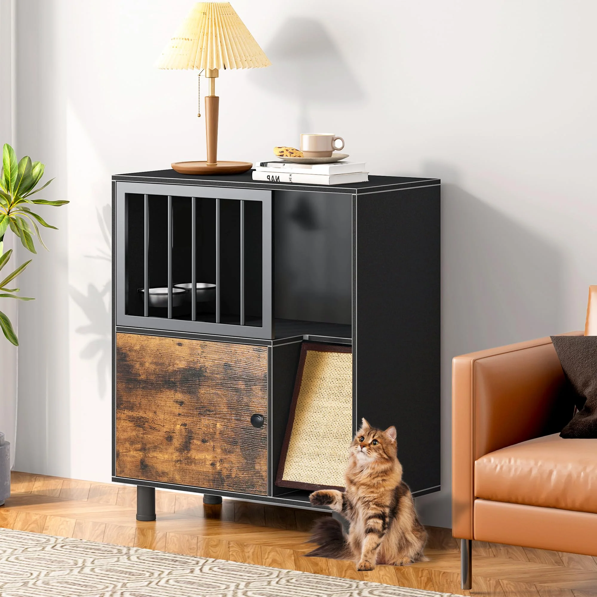 Recyclable VKTO Dog Proof Cat Feeding Station — d Dual Bowls Scratching Board Vintage Black Stylish