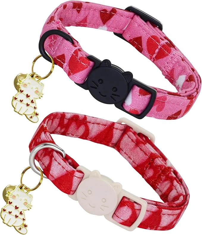 Comfortable Valentine Cat Collar-2 Pack Collars Red and Pink Love-Heart Print Breakaway Modern