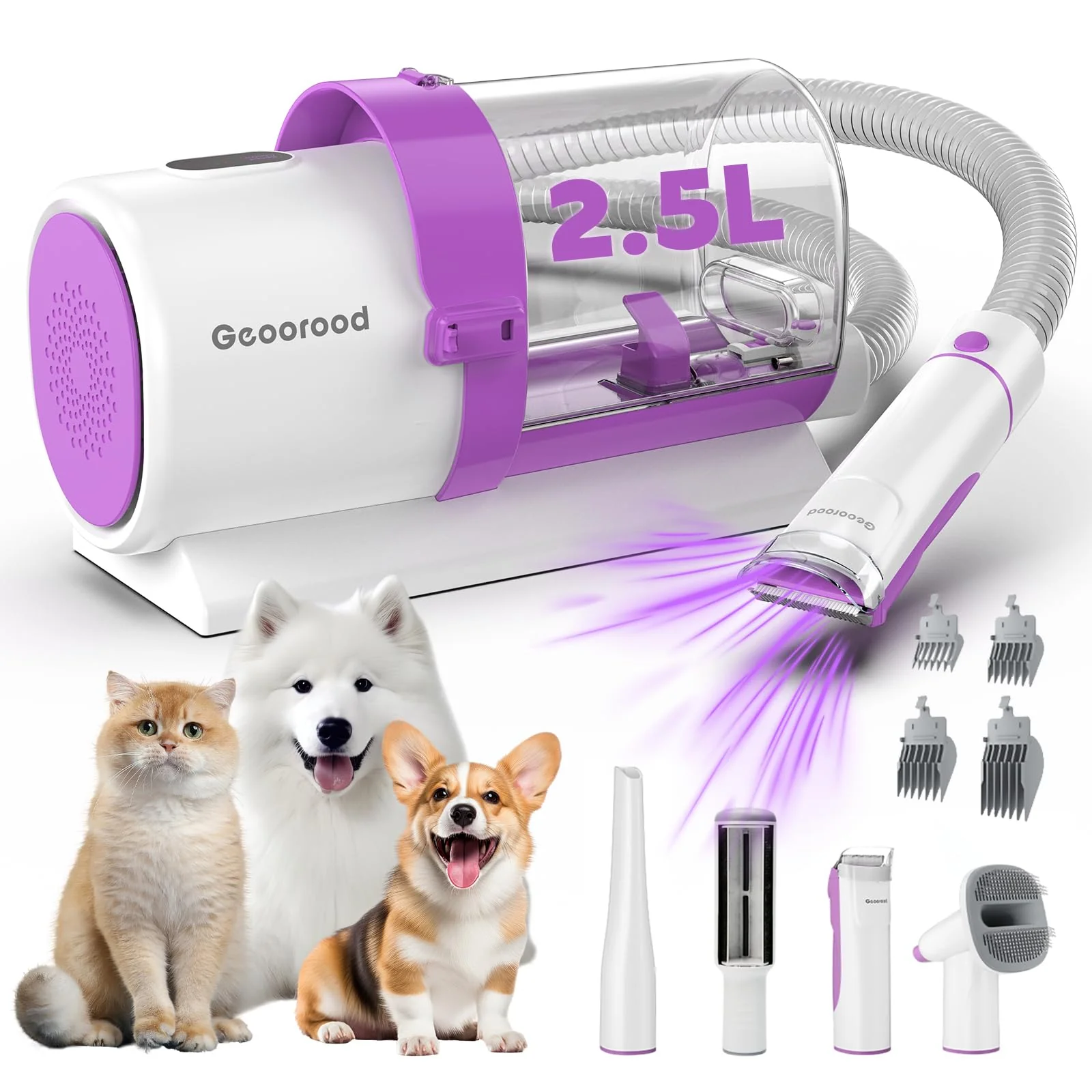 Casual geoorood 4-in-1 Dog Grooming Vacuum Kit — 2.5L Dust Cup Quiet Clippers Home Grooming Purple Elite