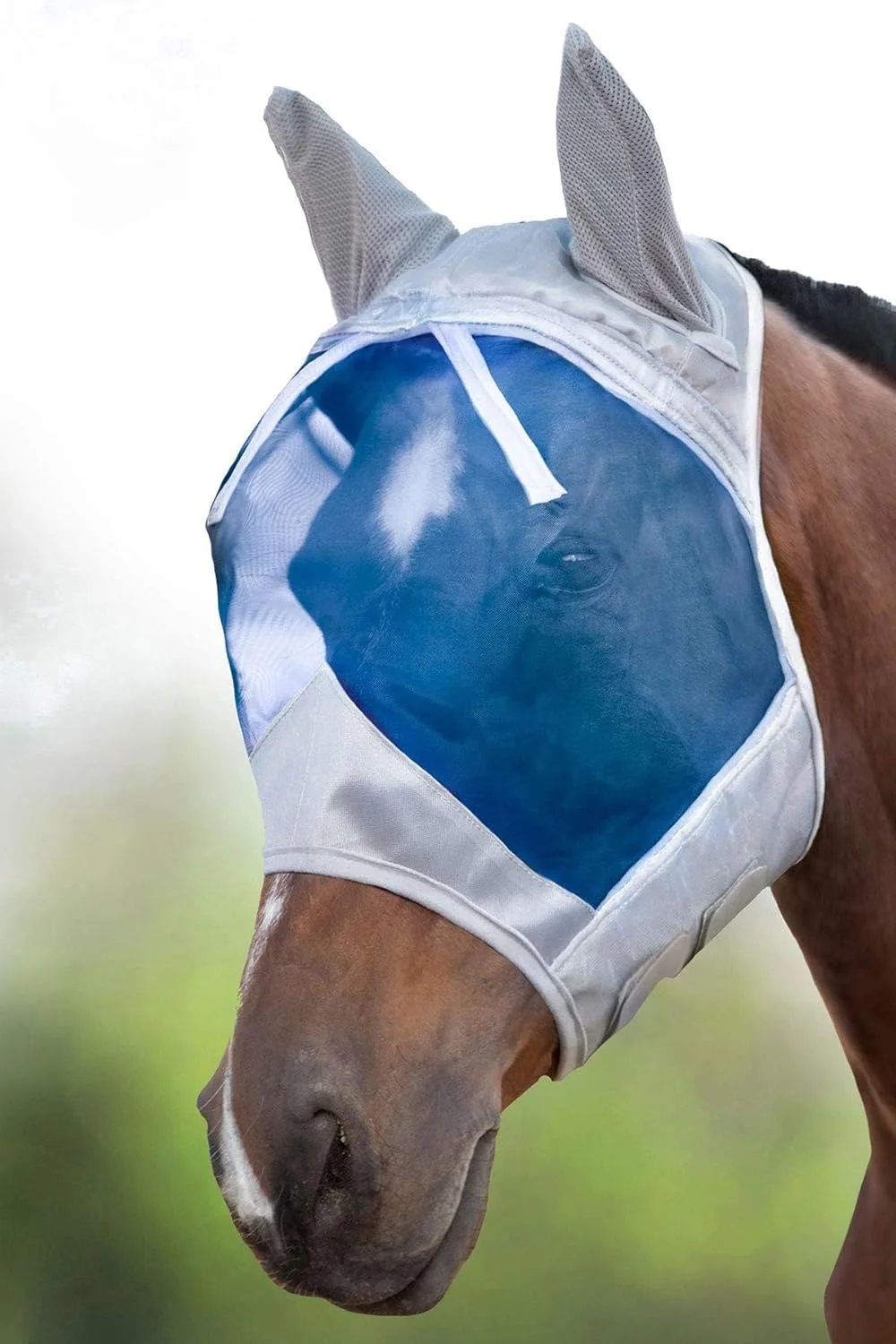 Elegant Harrison Howard CareMaster Horse Fly Mask Half Face with Ears Silver Blue Retro XL Extra Full Size Breathable